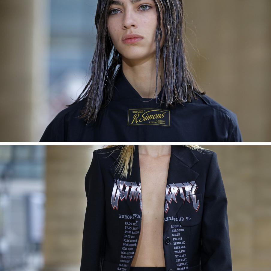 Бирка наружу и принт на пиджаке. Кадр с показа Raf Simons.