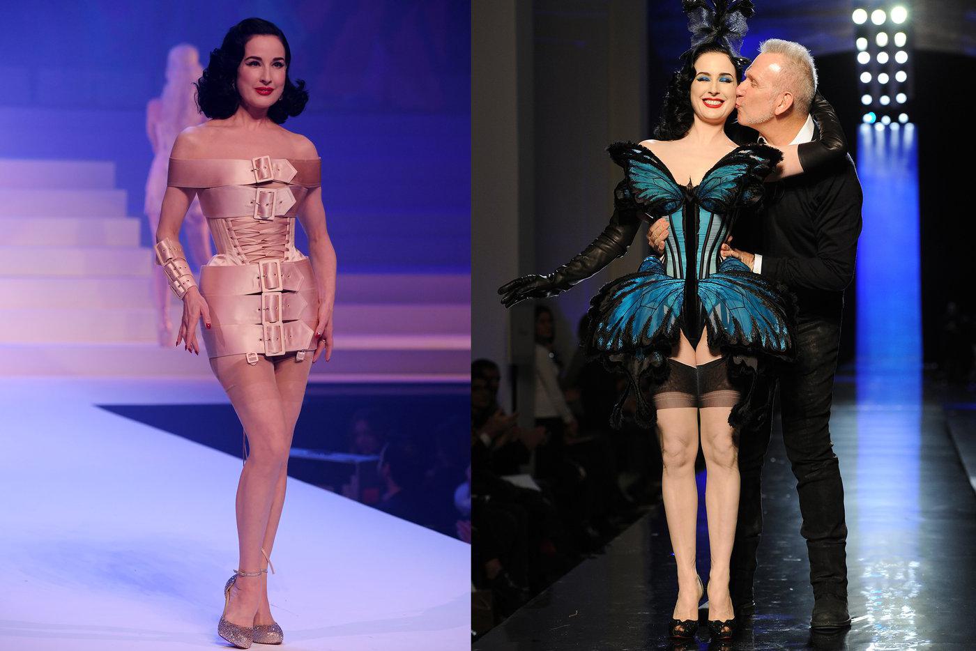 Дита фон Тиз на показах Jean Paul Gaultier сезона весна-лето – 2020 и 2014 года.