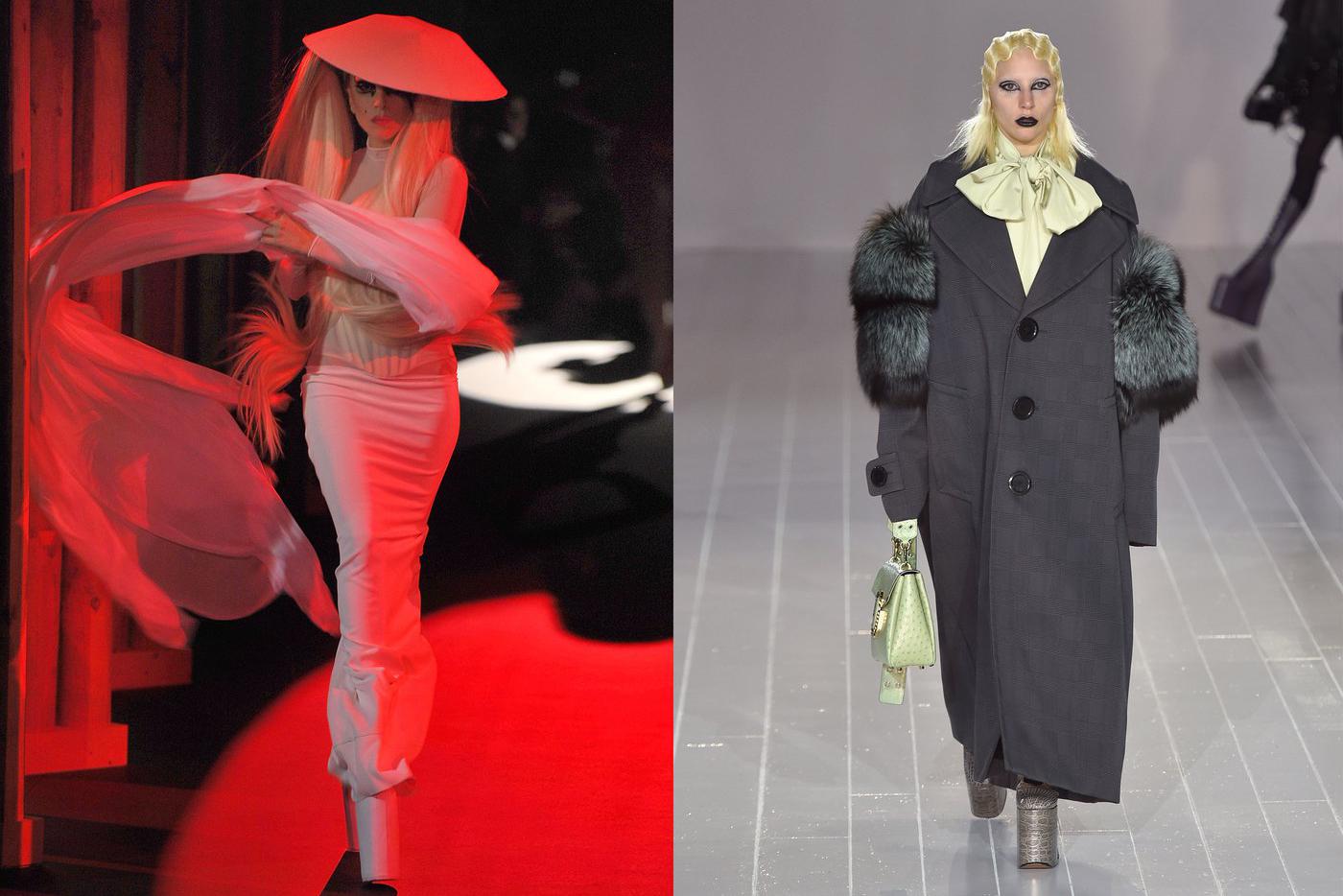Леди Гага на показах Mugler осень-зима – 2011-2012 и Marc Jacobs осень-зима – 2016.