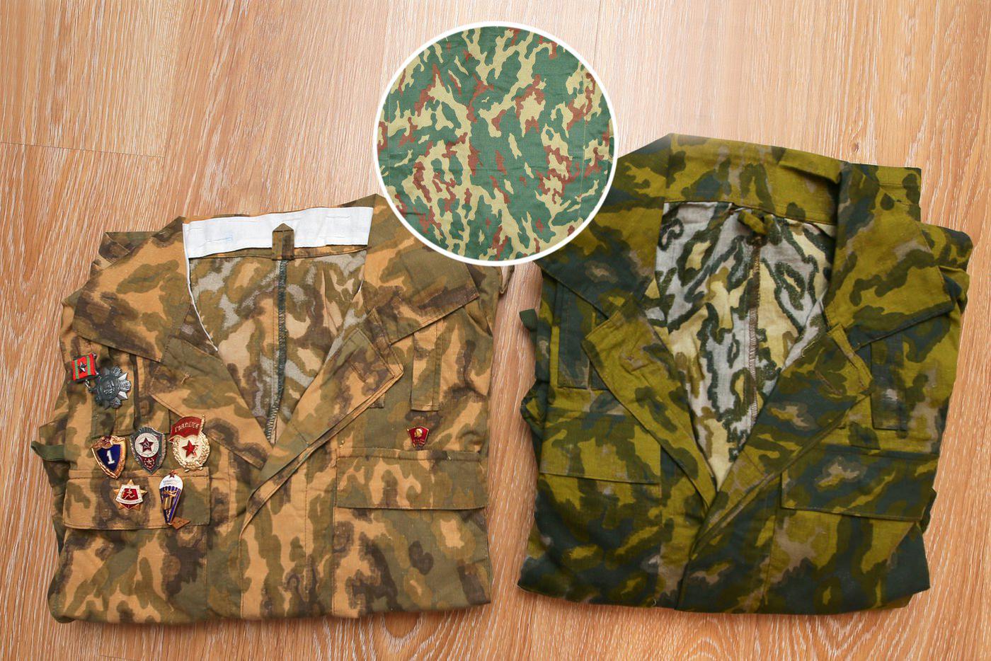 Куртки танкистов 1988 и 1987 года. От серийного образца (он показан в круге) также отличаются расцветкой. В проектном образце использовалась шёлковая нить.