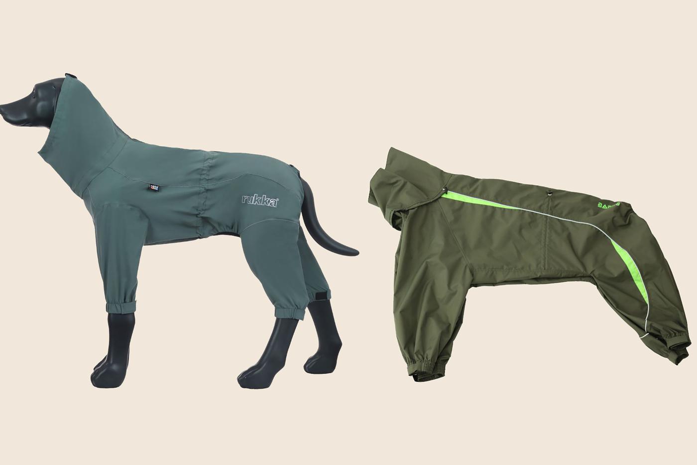 Комбинезон RUKKA Pets Protect, зелёный (размер 60, за 7099 рублей) и комбинезон BARSU (лабрадор-ретривер, мальчик, 65 см, за 3680 рублей).