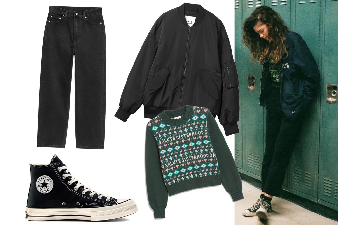 Бомбер COS / Свитер Monki / Джинсы Arket / Кеды Converse.