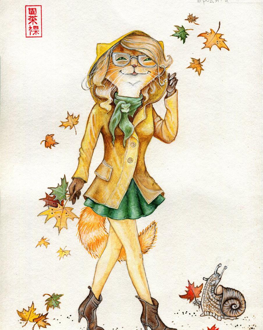 Кошка с кленовыми листьями