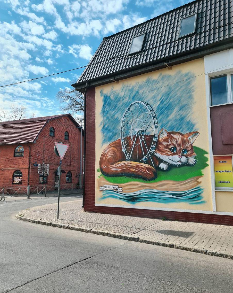 Один из красочных муралов в центре Зеленоградска