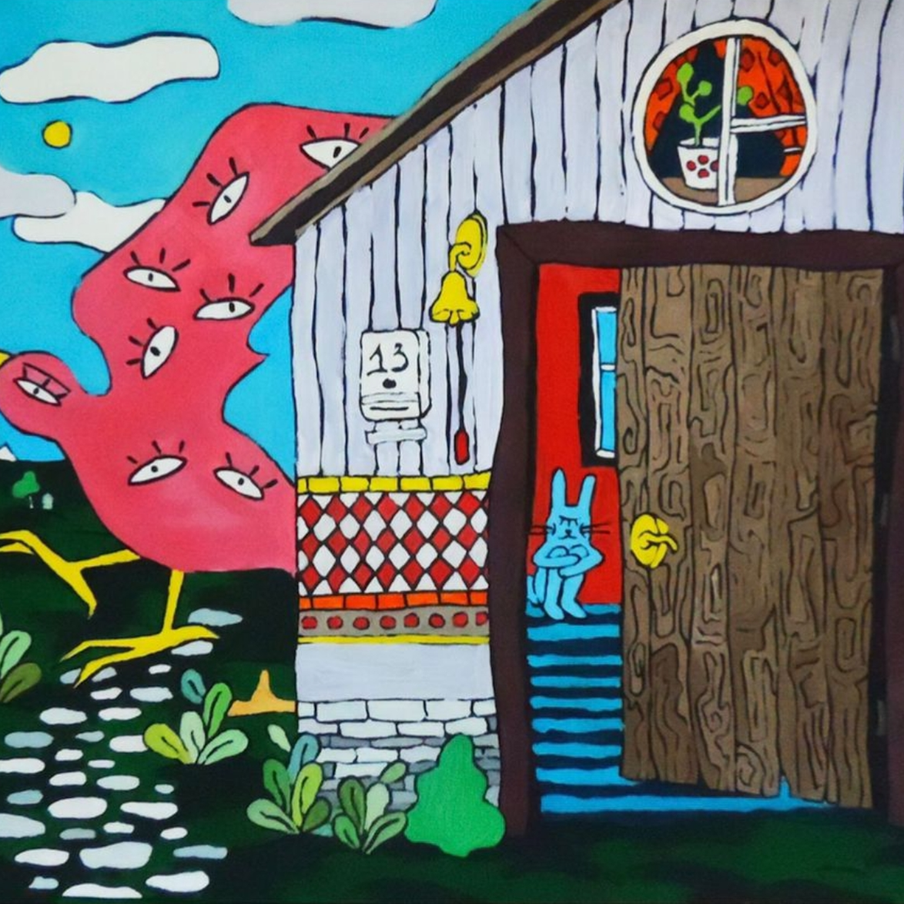 Прятки Синий заяц – любимый герой Аделины Шабановой. На этой картине он прячется за дверью от многоглазой птицы. Это рефлексия на тяжёлое детство автора 1998 года рождения в родном Луганске. / Аделина Шабанова