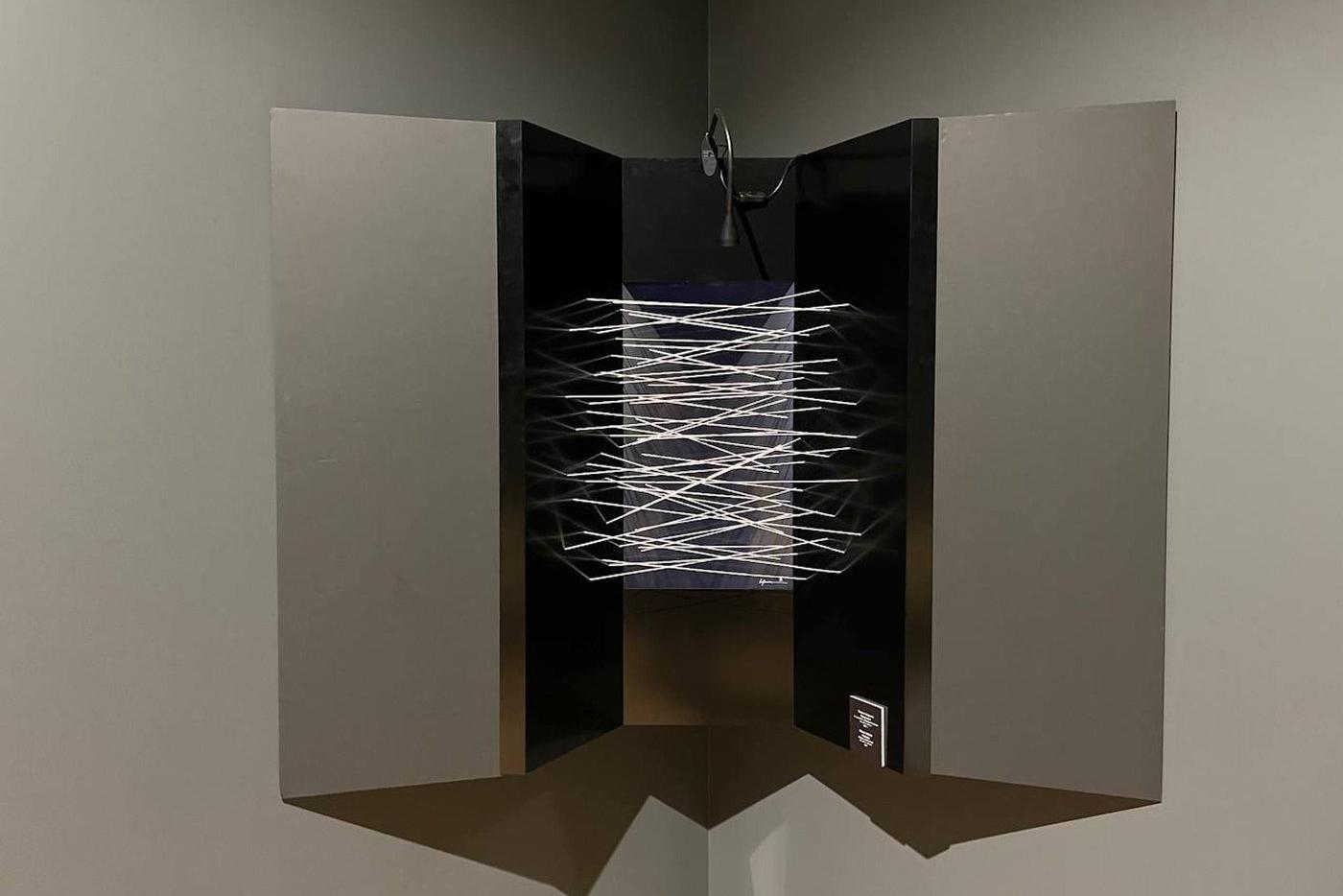 Пиццикато Это аудио- и видеоинсталяция – на дисплее идёт изображение, а эластичные струны вибрируют под воздействием гравитационного поля, и пространство начинает звучать. / Платон Инфанте