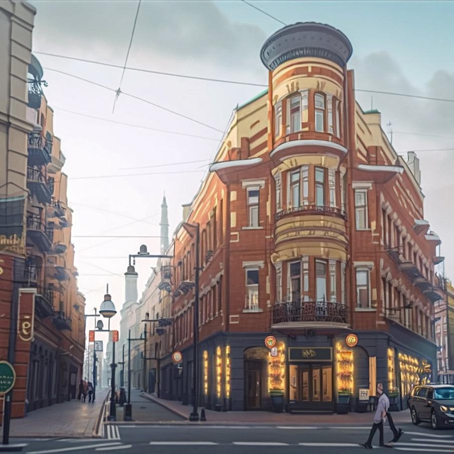 Угловое здание под воздействием нейросети заметно округлилось.