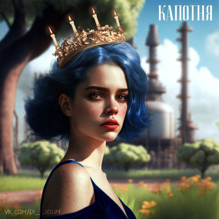 Капотня. Корона на голове у девушки – это отсылка к самому автору проекта (Диляра ведёт паблик, посвящённый своему району под названием "Королева Капотни"), а вот свечки на короне символизируют факелы – намёк на нефтеперерабатывающий завод.  