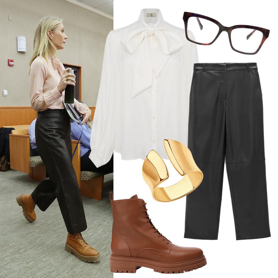 Блузка F2R (16 400 руб.) / Брюки из экокожи Lime (3599 руб.) / Ботинки Principe di Bologna (33 490 руб.) / Оправа Ana Hickmann (13 900 руб.) / Кольцо Sokolov (3600 руб.).