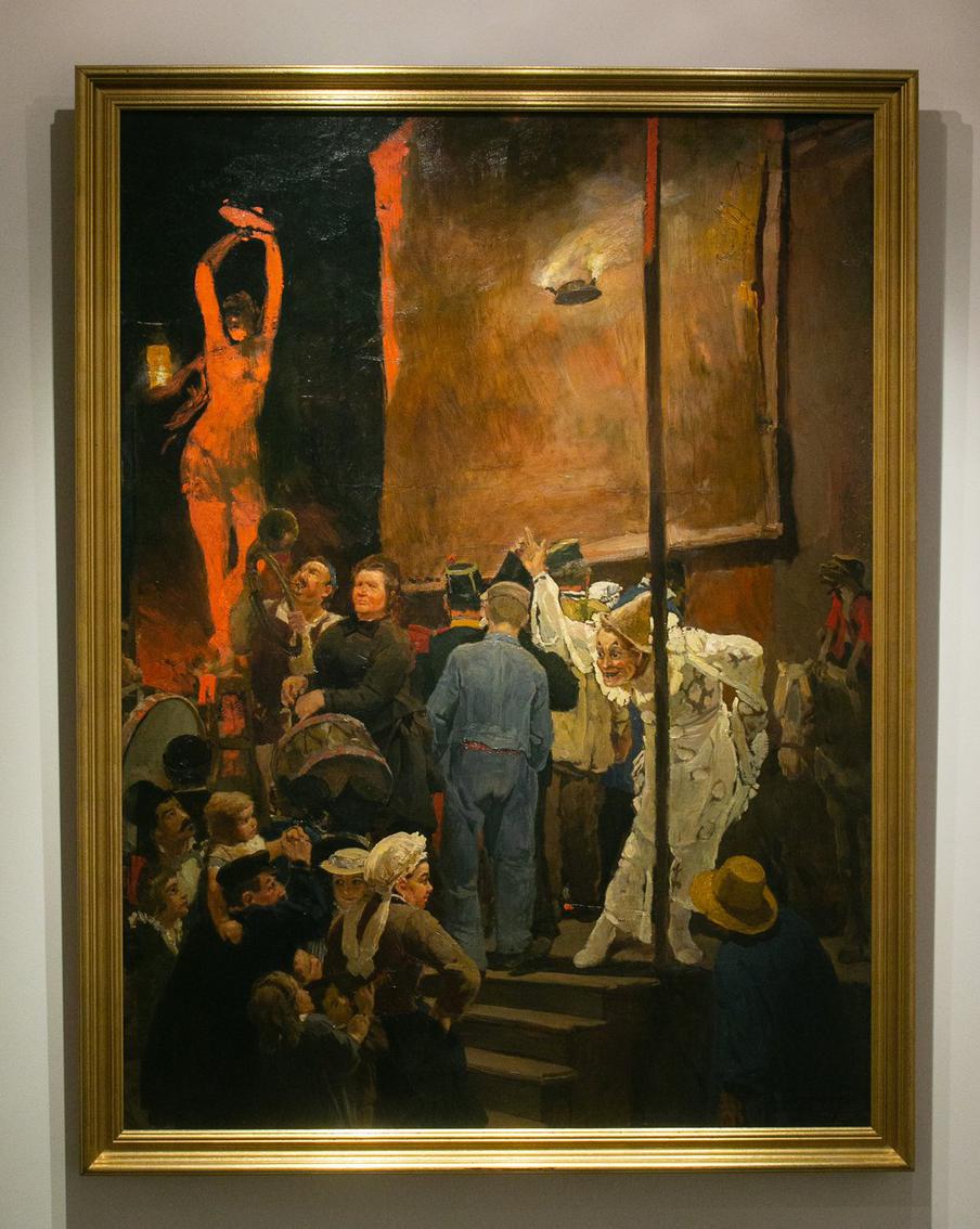 Виктор Васнецов "Балаганы в окрестностях Парижа". Новшество для нас – изображать обнажённую женскую фигуру. Но, надо сказать, картина Васнецова – подготовительная работа. В оригинале, который представлен в Русском музее, он эту самую натуру убрал. Но понятно, что "тлетворное" влияние Парижа уже начинает работать... 