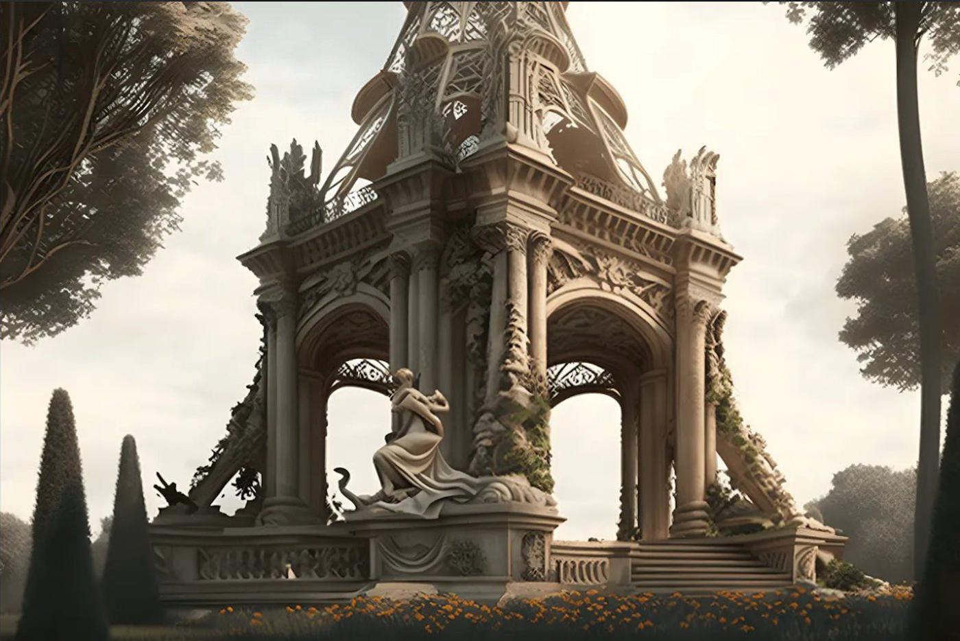 Эйфелева башня. Стиль символа Франции – конструктивизм. Нейросеть же "перестроила" башню в духе воздушного рококо.