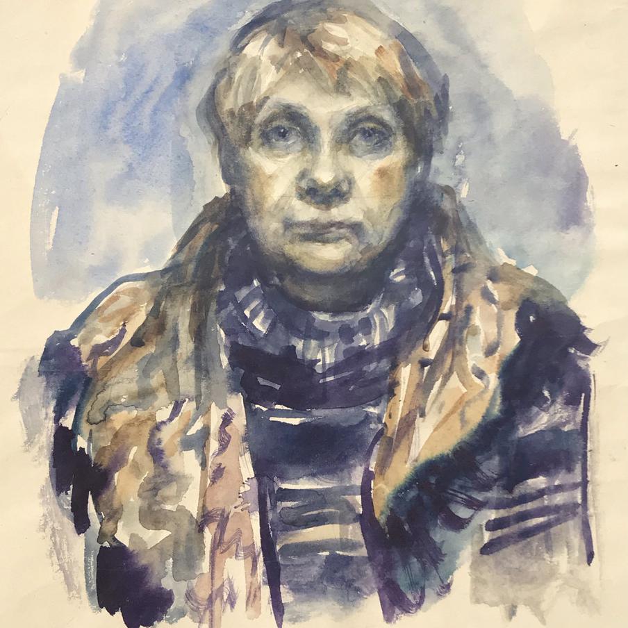 Автопортрет. Людмила Петрушевская. Акварель. Выставка в Доме творчества в Переделкино.