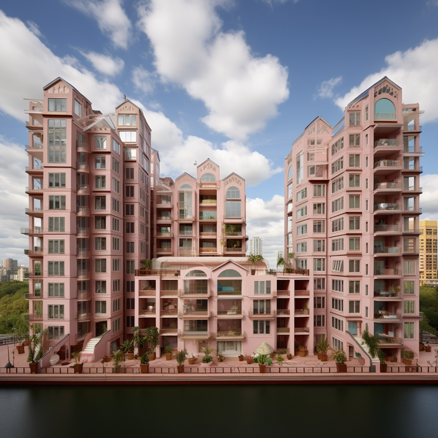 Таким нейросеть представила себе жилой комплекс "Алые Паруса" в стиле Барби.