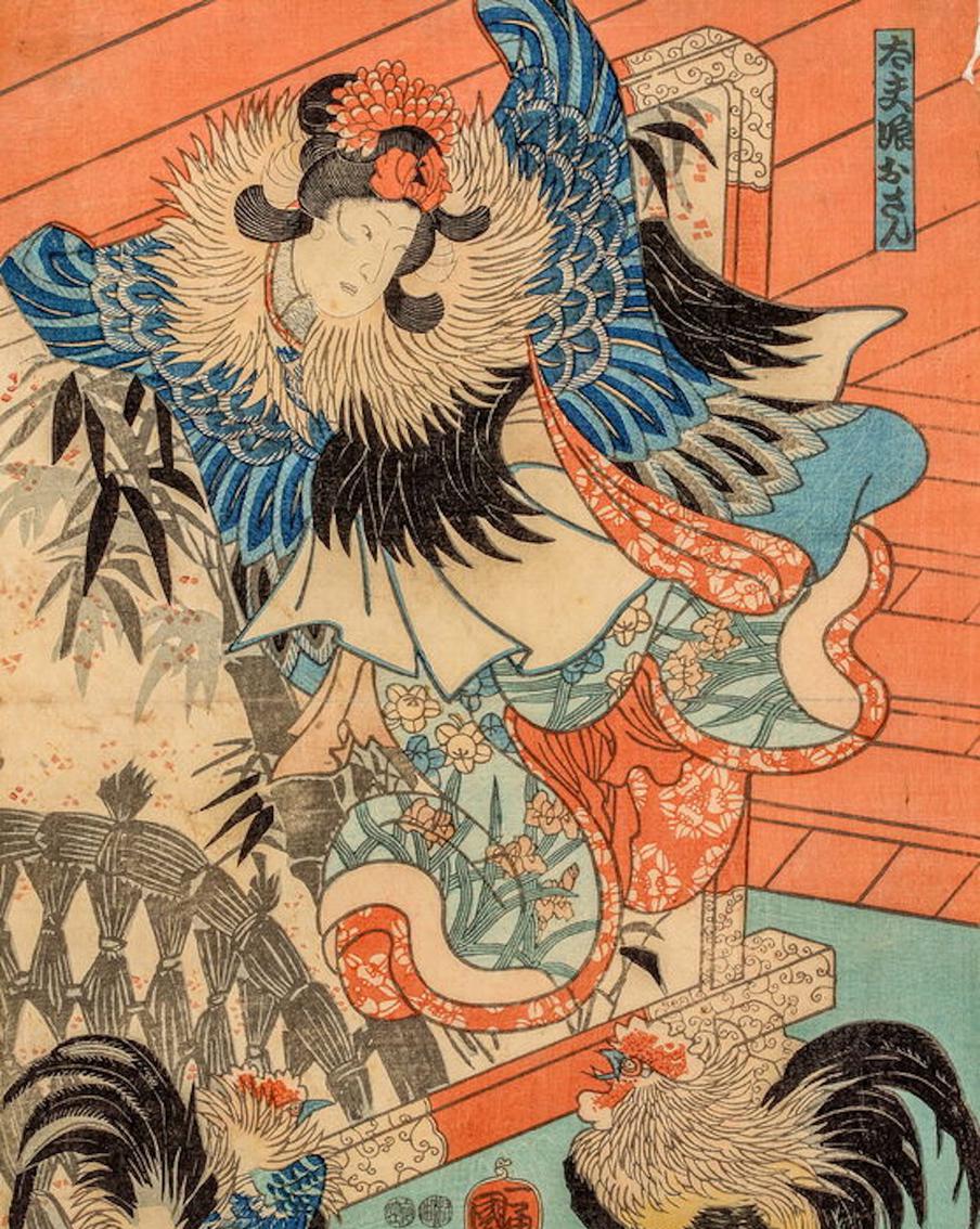 "Актёр Араси Рикан III в роли Осан, дочери Сансё-даю" Утагавы Куниёси – Осан за плохую карму отца заболела таинственной болезнью, из-за чего каждую ночь перед рассветом превращалась в птицу 