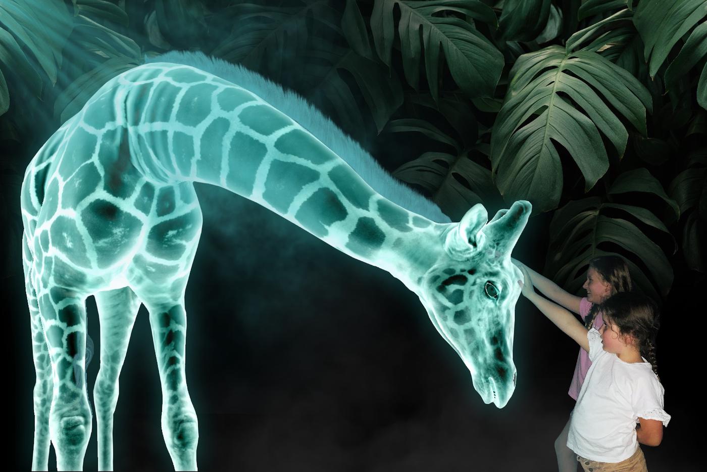 Жираф даёт людям погладить себя.