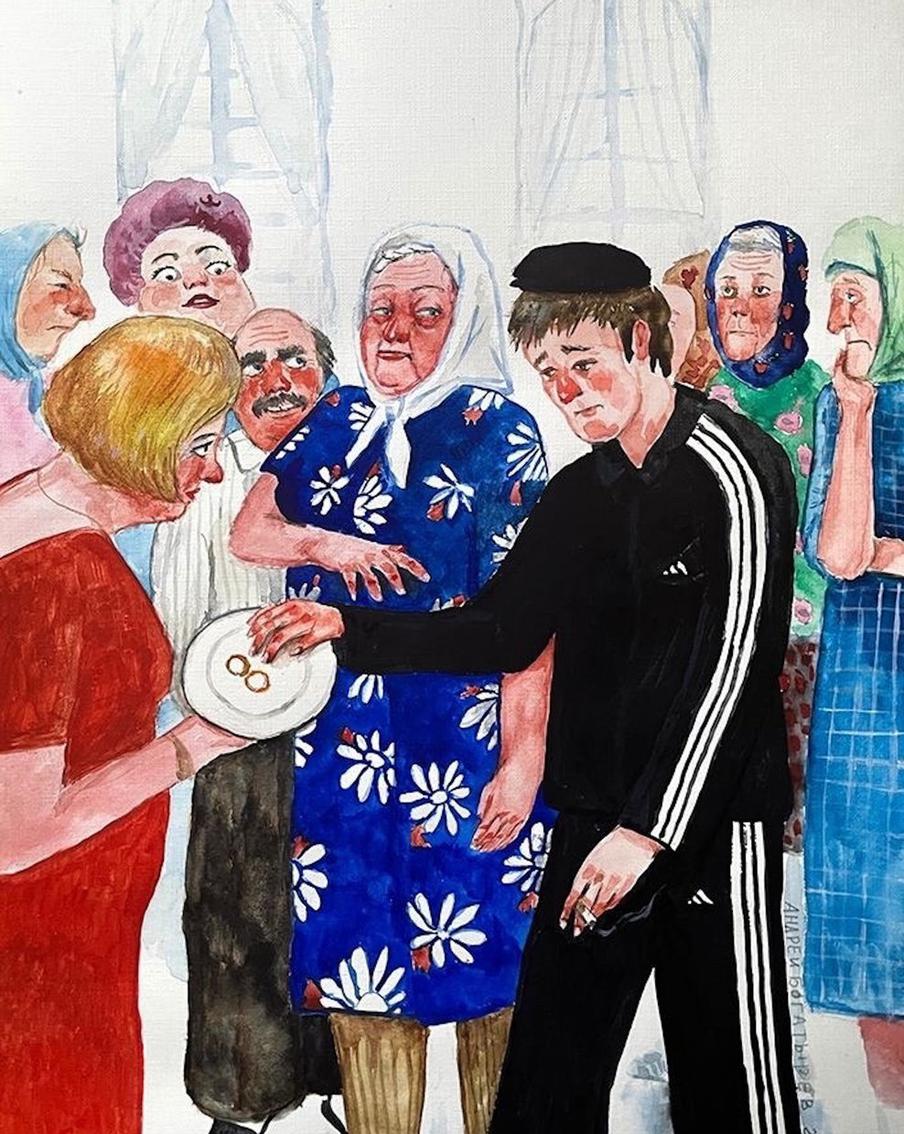 "Скучно стало бабушке одной, и решила, что ей нужен молодой. Приглядела бабка пацана, в дом пустила, и теперь она жена, ну а парень тоже не глупец, сел на шею бабке – молодец", – так художник подписал работу "Брак по расчёту".