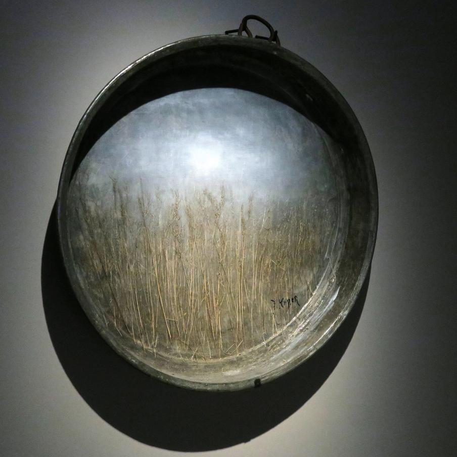 "Без названия". Юрий Купер. В детстве, всматриваясь в доски на потолке, мы видели различные силуэты. Но художник пошёл дальше — на найденных им фанерках он дорисовывал пятнышки и приклеивал сухоцветы