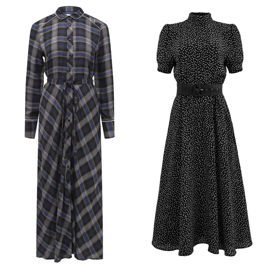 Платье в клетку Kocca (31 200 руб.) / платье в горох Brusnika (13 600 руб.)