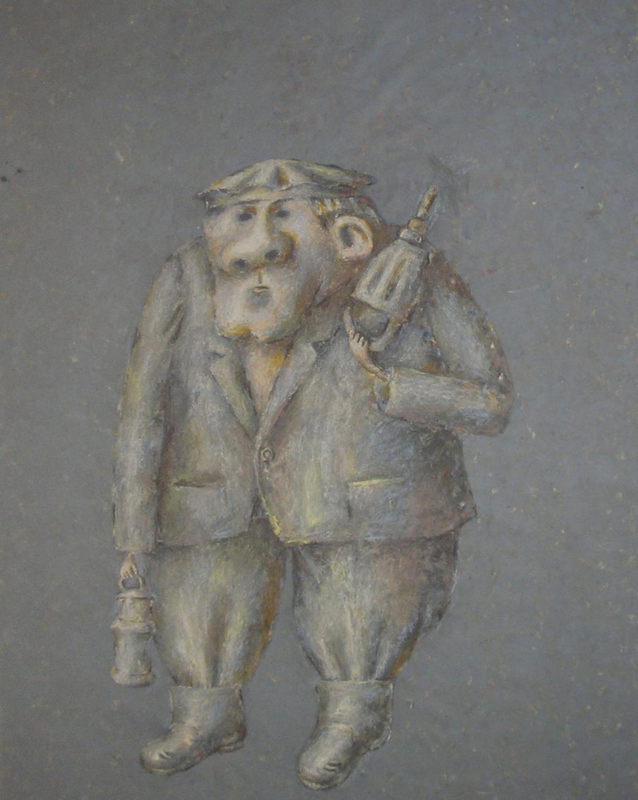 "Шахтёр", 1995 год. Воспоминанию из своего далёкого детства Аркадий Петров отвёл холст почти в 2 метра, где изобразил шахтёра с отбойным молотком и фонарём в кепке 40-х годов, которая тоже есть на выставке.