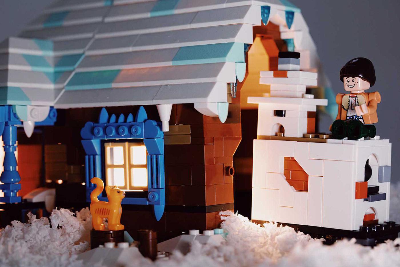 Емеля из сказки "По щучьему веленью" лежит на печи из кубиков.