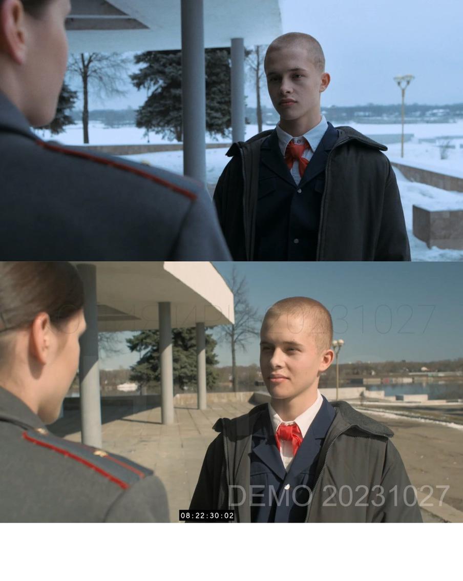 Сцена разговора Ирины Сергеевны с Андреем, снятая весной, и переснятая зимой