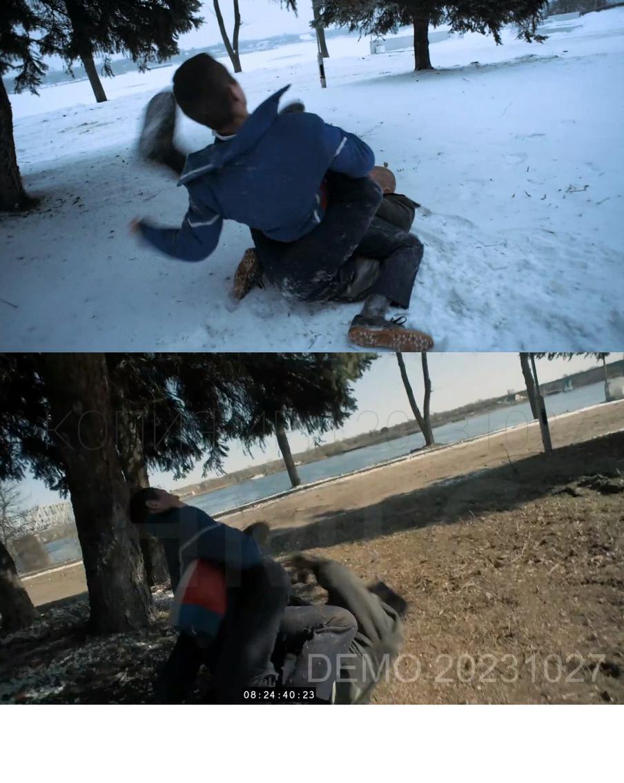 В переснятой сцене герои Рузиля Минекаева и Леона Кемстача дерутся в снегу, а не на траве. И в итоговом варианте побеждает однозначно Андрей