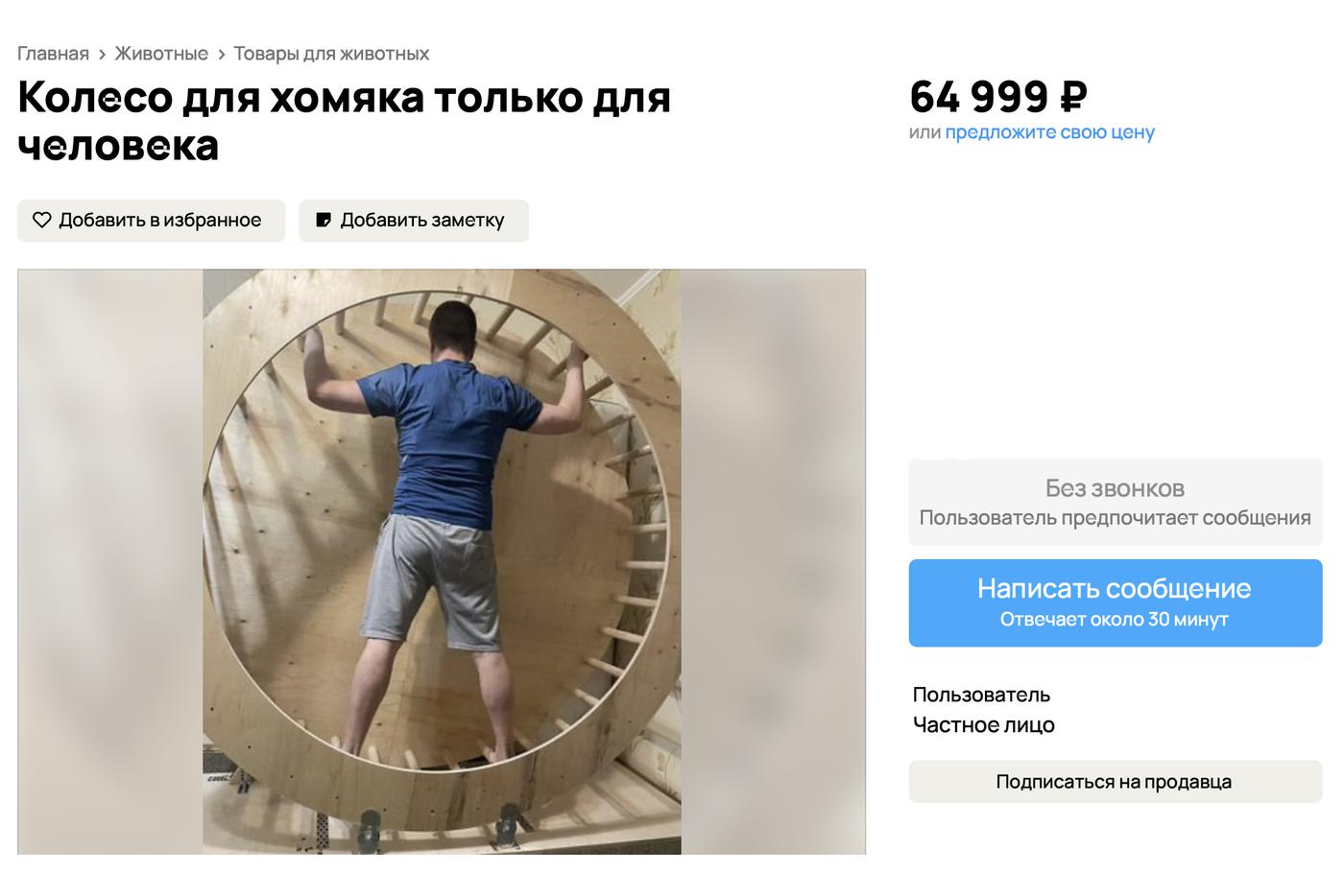 Москвич бегает в "колесе для хомяка" и предлагает купить его за 65 тысяч рублей