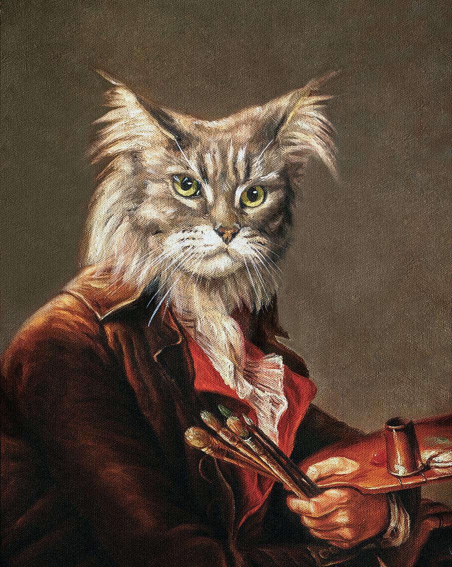 Никас Сафронов давно рисует кошек и собак, встраивая их образы в портреты великих мастеров. Картина названа "Автопортрет".