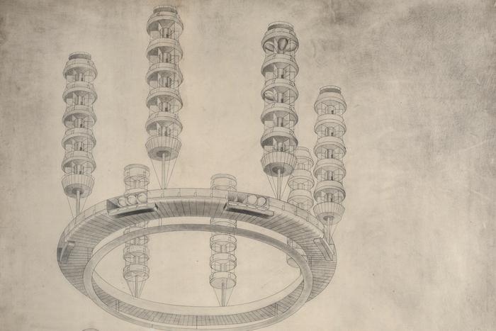 Московский архитектор Георгий Крутиков в 1920-х годах создал проект летающего города