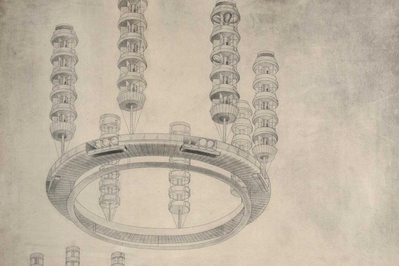 Московский архитектор Георгий Крутиков в 1920-х годах создал проект летающего города