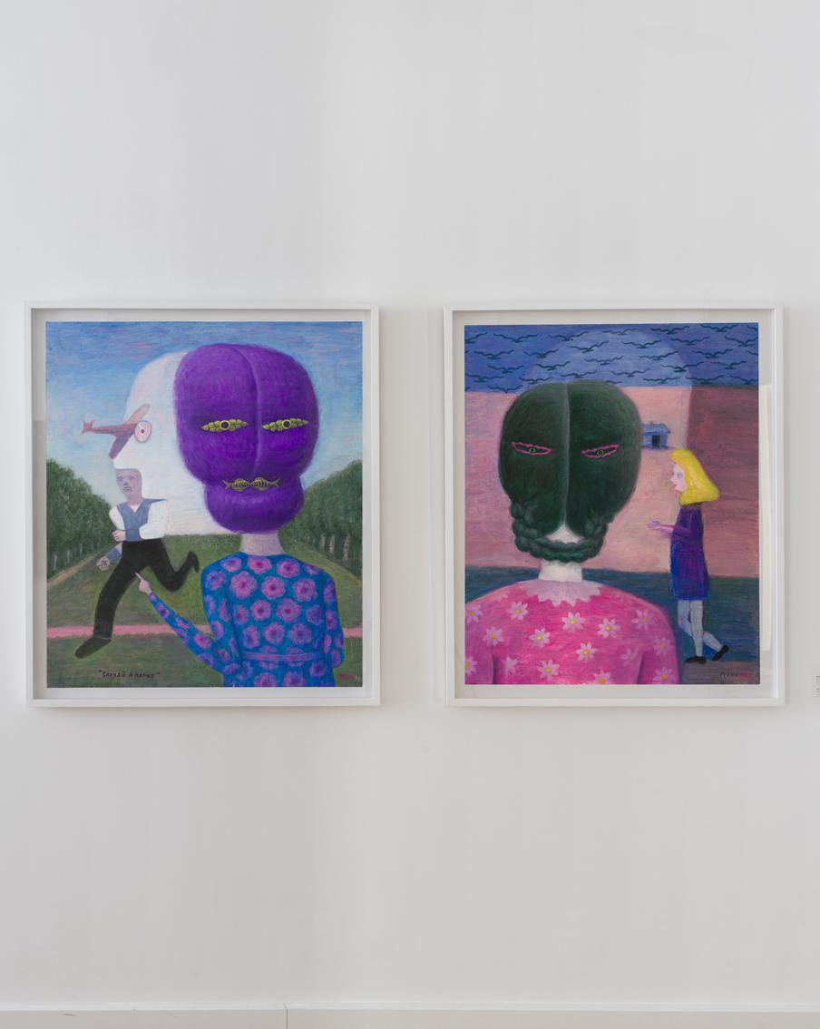 Слева: "Случай в парке". Серия "Приставленные лица", 2014 год. Бумага, акрил. Справа: "Ведьма". Серия "Приставленные лица", 2014 год. Бумага, акрил.