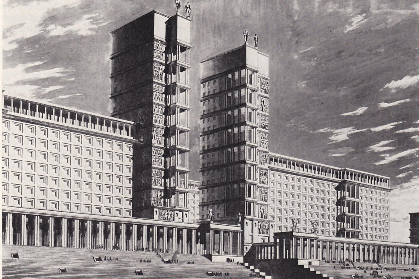 Конкурсный проект здания Наркомтяжпрома Перспектива от Красной площади. Архитекторы: И. А. Фомин, П. В. Абросимов, М. А. Минкус, 1934 г. 