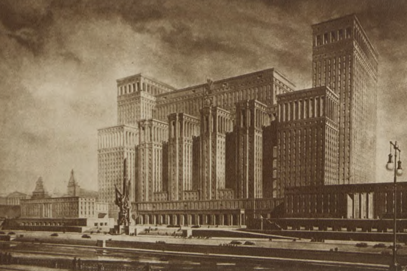 Здание Народного комиссариата тяжёлой промышленности СССР, которое предполагалось возвести на Красной площади на месте Верхних торговых рядов. Проект архитектора Ивана Леонидова, 1930-е