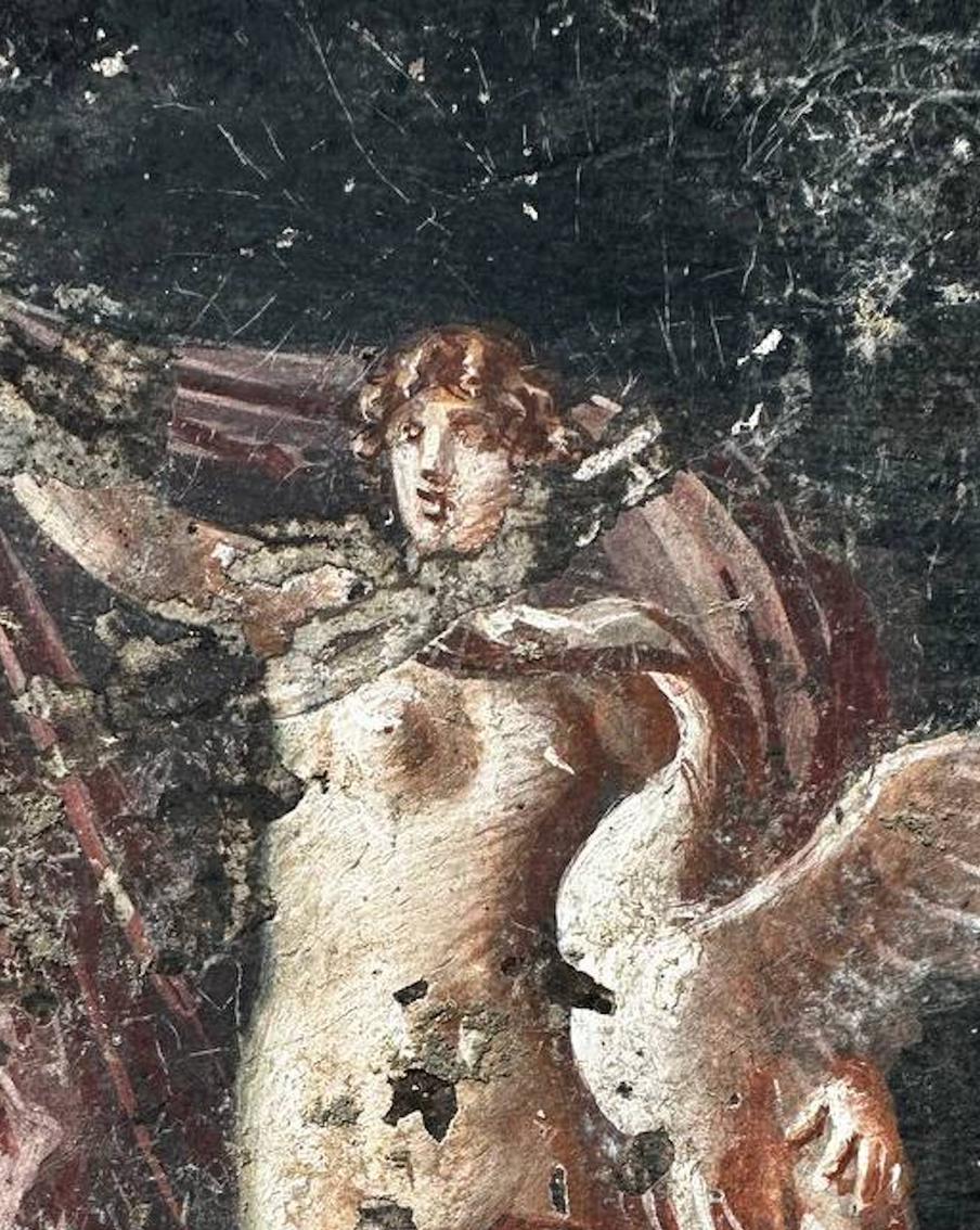 На фреске – родители Елены Прекрасной. Леда, мать Елены Троянской, держит на руках лебедя, в которого превратился Зевс, владыка Олимпа. Зевс, пленённый красотой Леды, в образе лебедя овладел ею, после чего та родила яйцо, из которого появилась Елена.