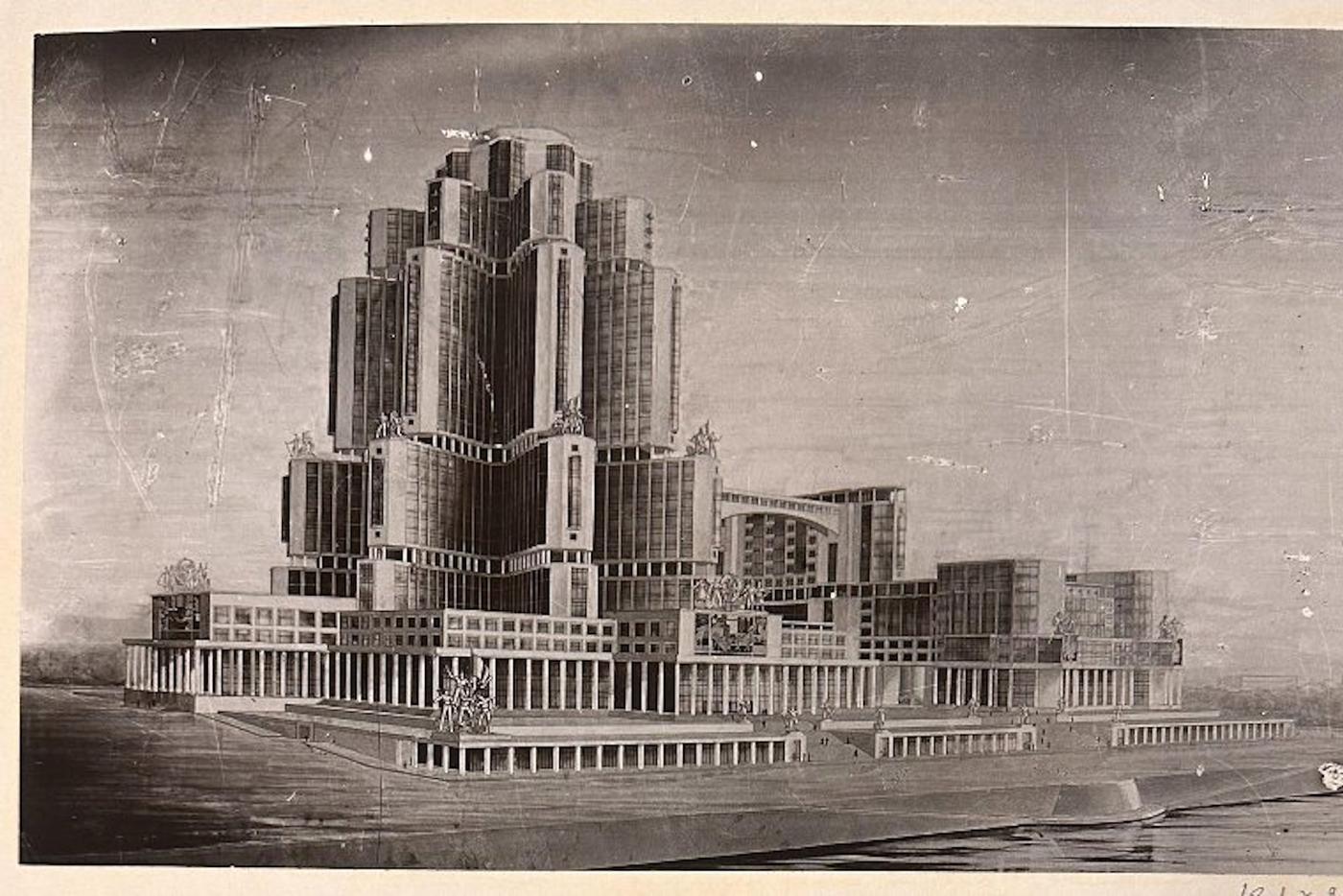 Конкурсный проект здания Наркомтяжпрома на Красной площади. Архитекторы:  В.А. и А.А. Веснины, С.В. Лященко, 1930-е. 