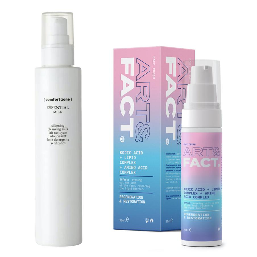 Молочко очищающее [Comfort Zone] Essential (3270 руб.) / выравнивающий крем для лица с койевой кислотой, липидным комплексом и аминокислотами ART&FACT (528–670 руб.)