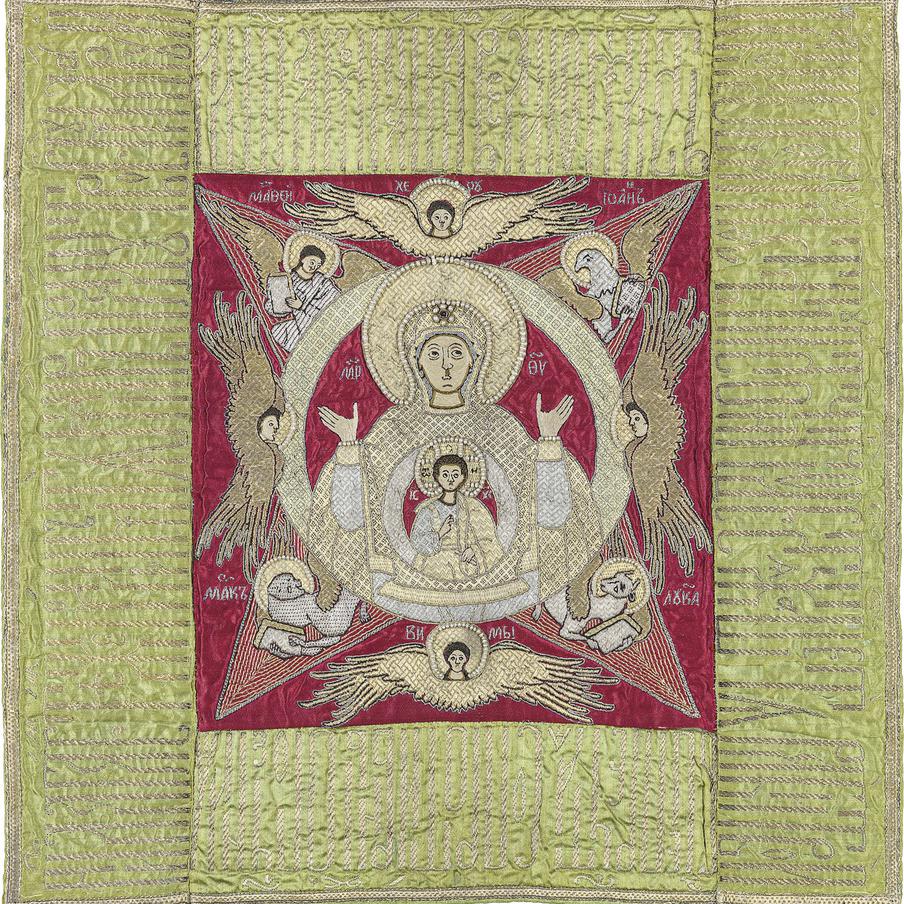 Богоматерь "Знамение". Покровец. 1660–1680-е гг. Ярославль. Атлас, холст, шёлковые, серебряные и золотные нити, речной жемчуг, цветное стекло, шитьё, низание. Музей им. Андрея Рублёва. Дар Г. Д. Костаки.