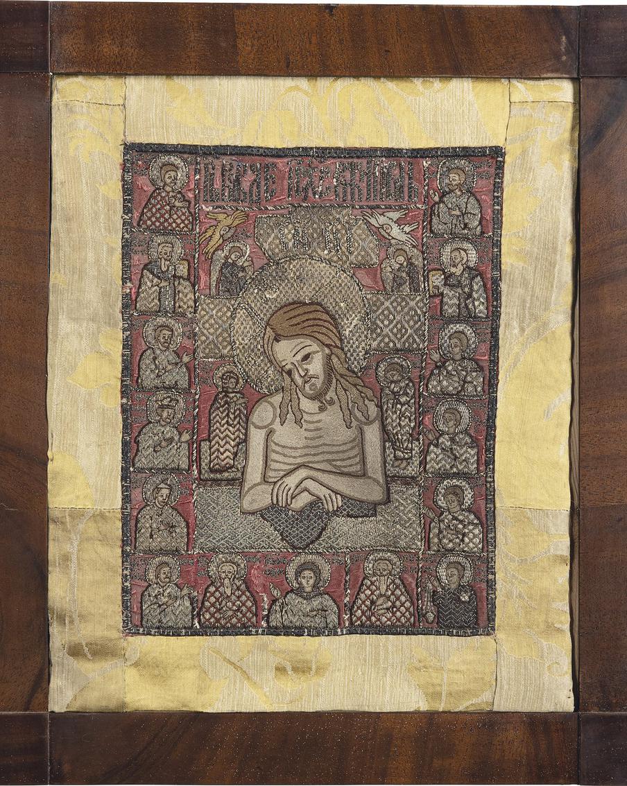"Не рыдай мене, Мати", с избранными святыми. Пелена. Вторая треть XVII века. Тафта, холст, штоф, шёлковые, серебряные и золотные нити, шитьё. Собрание Л. И. Вольфсона.