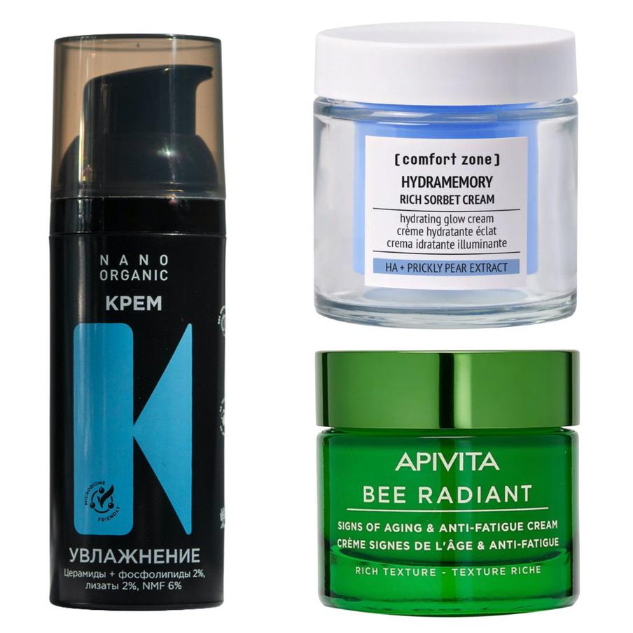 Крем "Увлажнение" NANOORGANIC (1021 руб.) / крем для лица APIVITA Bee Radiant (1946-2780 руб.) / Питательный крем-сорбет [Comfort Zone] Hydramemory (7060 руб.)