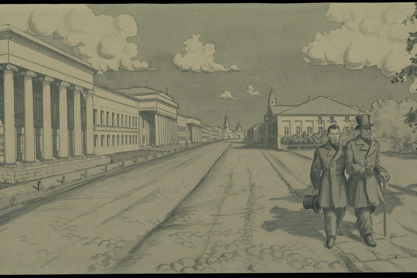 Юный Лев Толстой с дядюшкой Юшковым в Казани. Рисунок К. Голицына, 1935 г.
