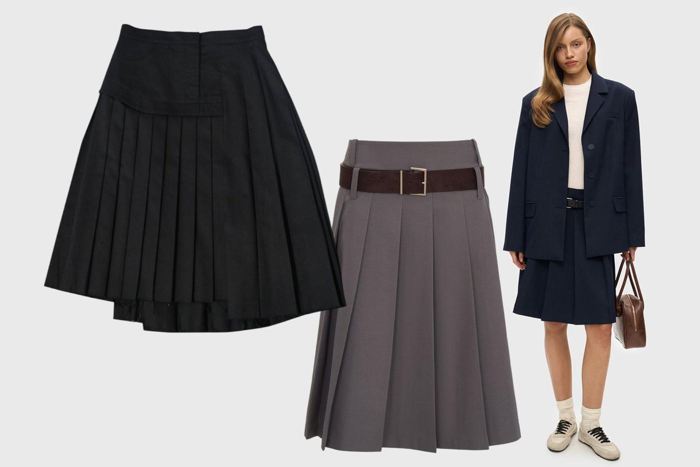 Юбка чёрная Red September (30 450 ₽) / юбка серая Love Republic (7999 ₽) / юбка синяя STUDIO 29 (13 900 ₽)