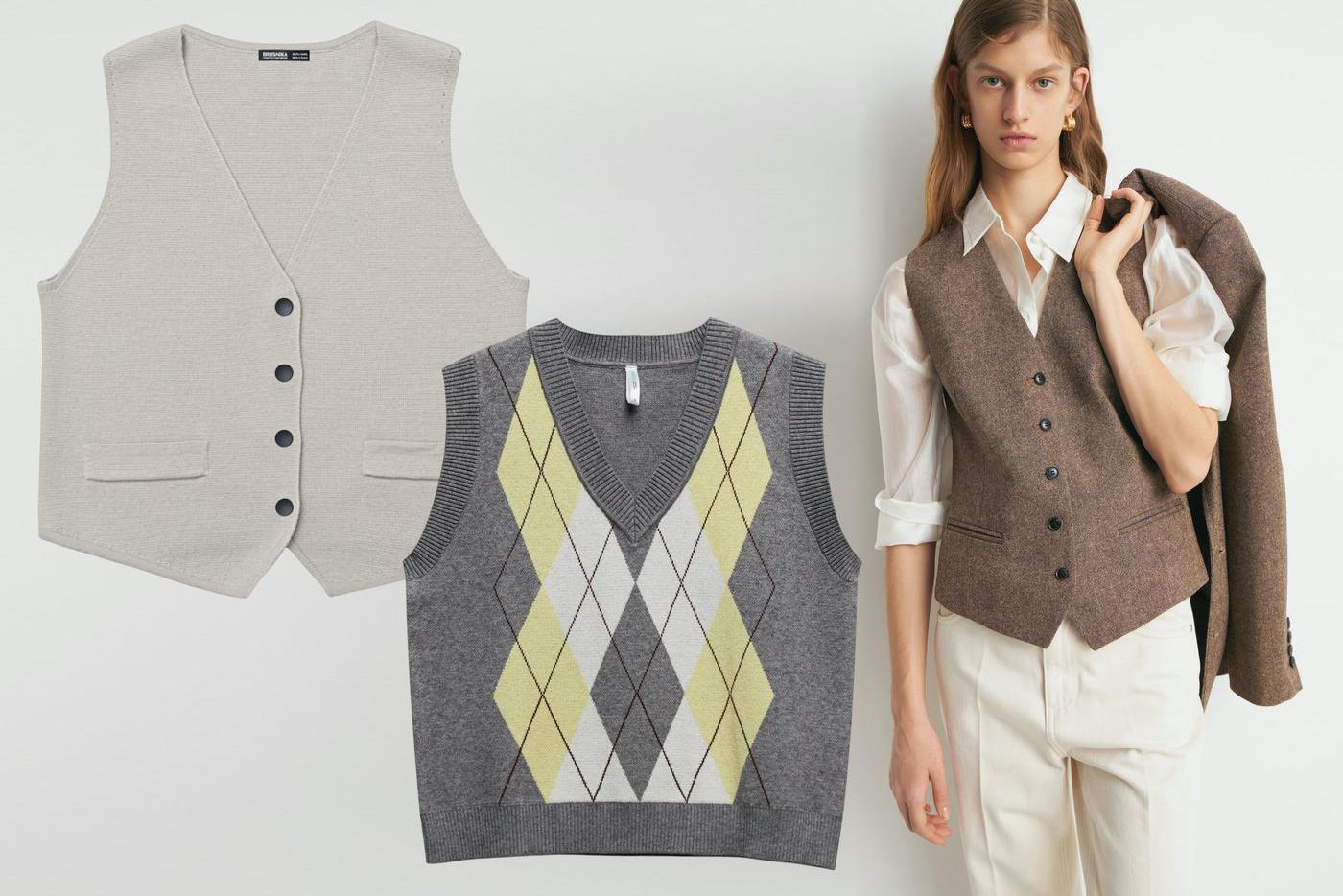 Трикотажный жилет Brusnika (10 200 ₽) / жилет вязаный Befree (2299 ₽) / жилет из шерсти Lime (6999 ₽)