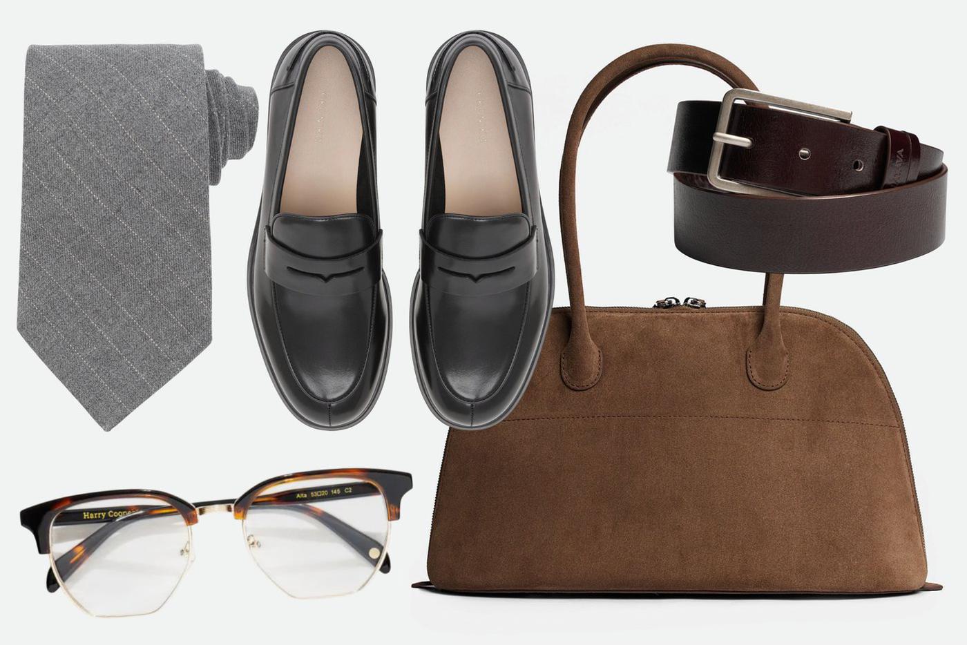 Галстук Laroom (5900 ₽) / лоферы Ekonika (19 990 ₽) / оправа Harry Cooper (11 500 ₽) / сумка из замши CNS Coined In Stone (23 700 ₽) / кожаный ремень Ushatava (10 900 ₽)