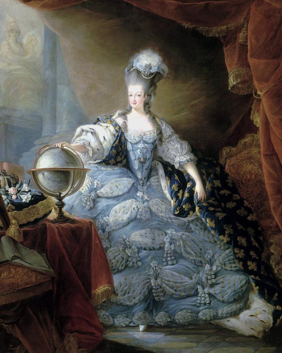 "Мария-Антуанета с рукой, лежащей на глобусе". Жан-Батист-Андре Готье-Даготи, 1775 год.