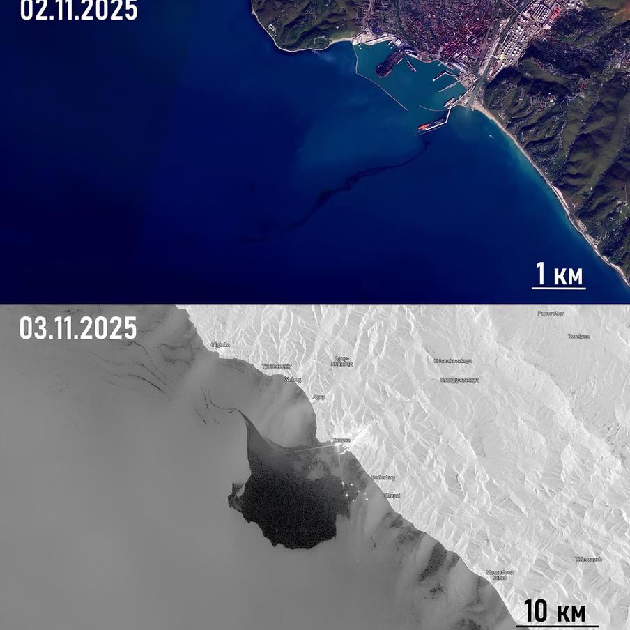 Кадры предполагаемого разлива нефти около Туапсе