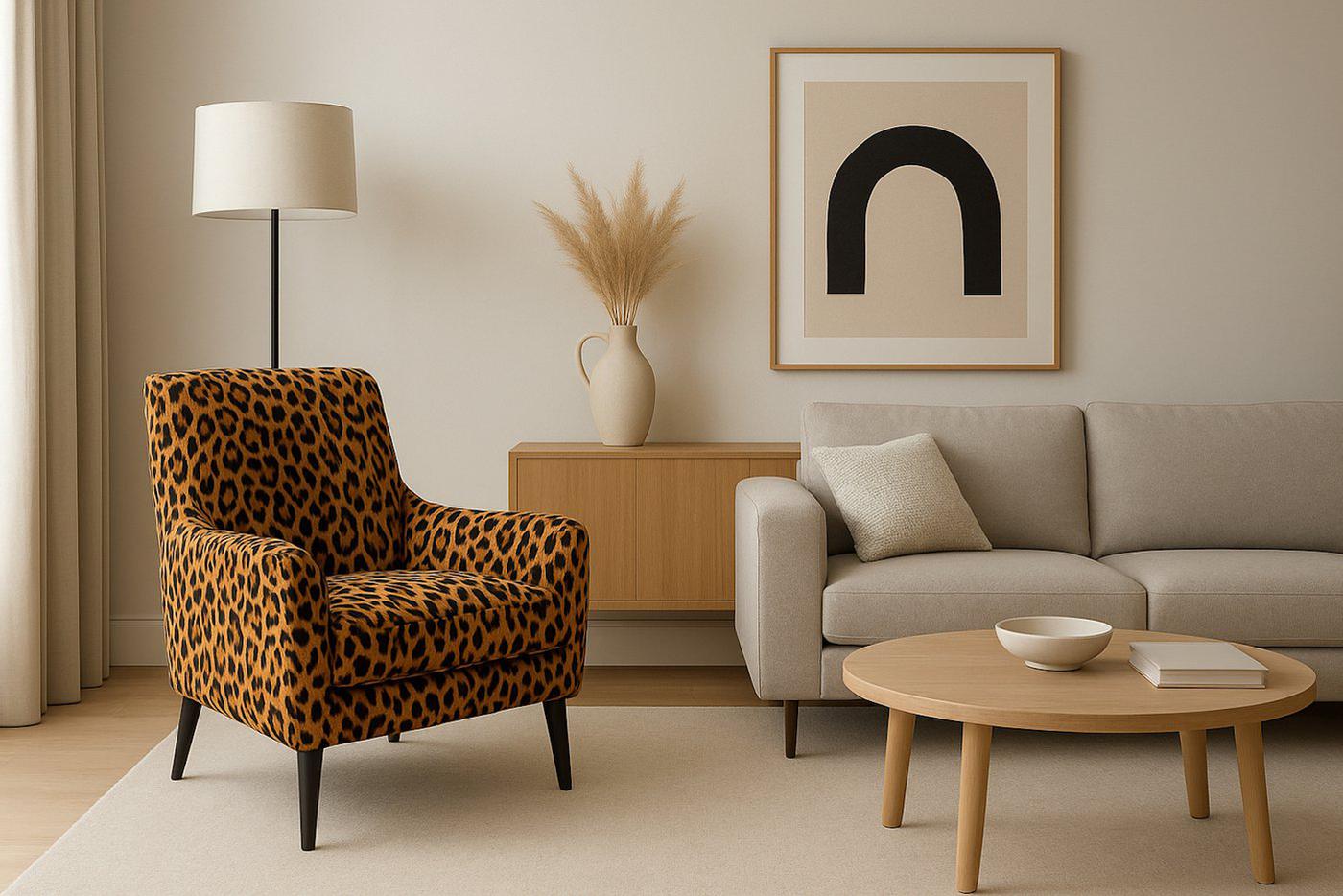 Оттенки и фактура дерева поддержат животный принт и не создадут визуального перегруза.