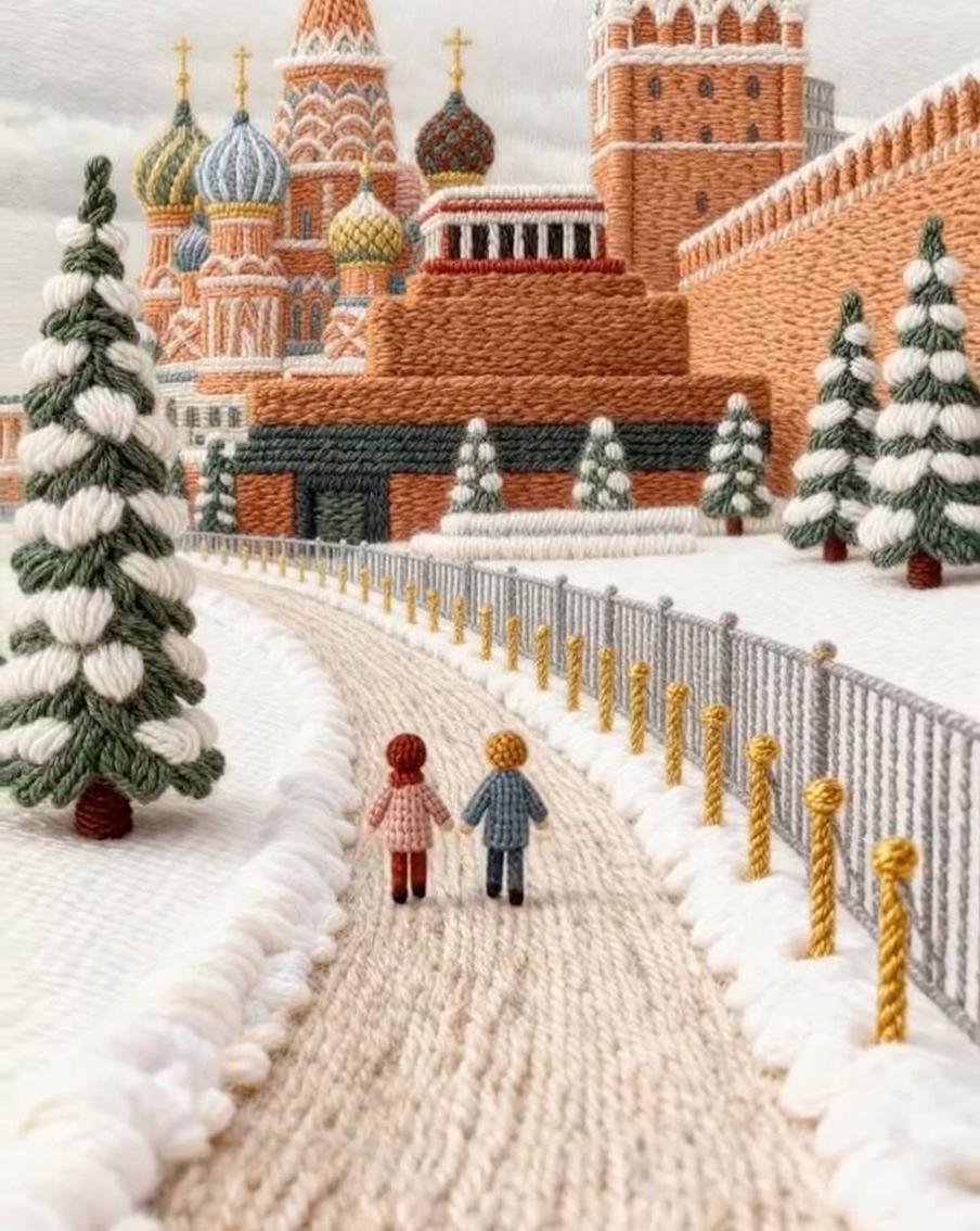 По свежевыпавшему снежку вязаная парочка, вероятно, направляется на новогоднюю ярмарку на Красной площади.