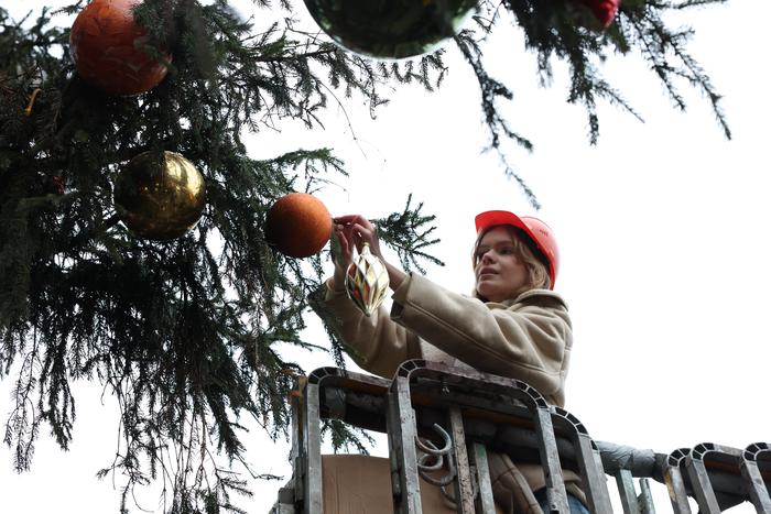 На Манежной площади устанавливают 22-метровую ель – к декораторам-альпинистам присоединилась репортёр Metro