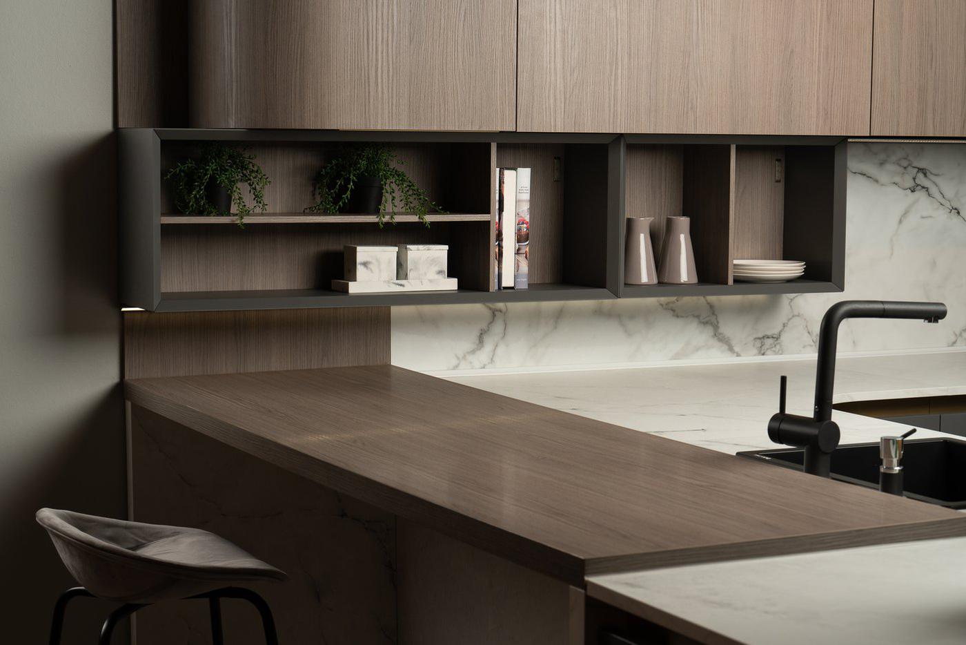 Дерево и камень – основные материалы кухни будущего.