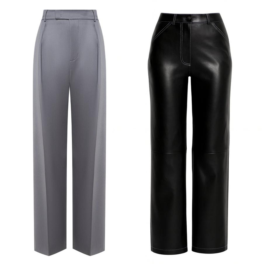 Брюки из шерсти Polina Repik (18 900 ₽) / брюки с отстрочкой из экокожи You Wanna (10 950 ₽)